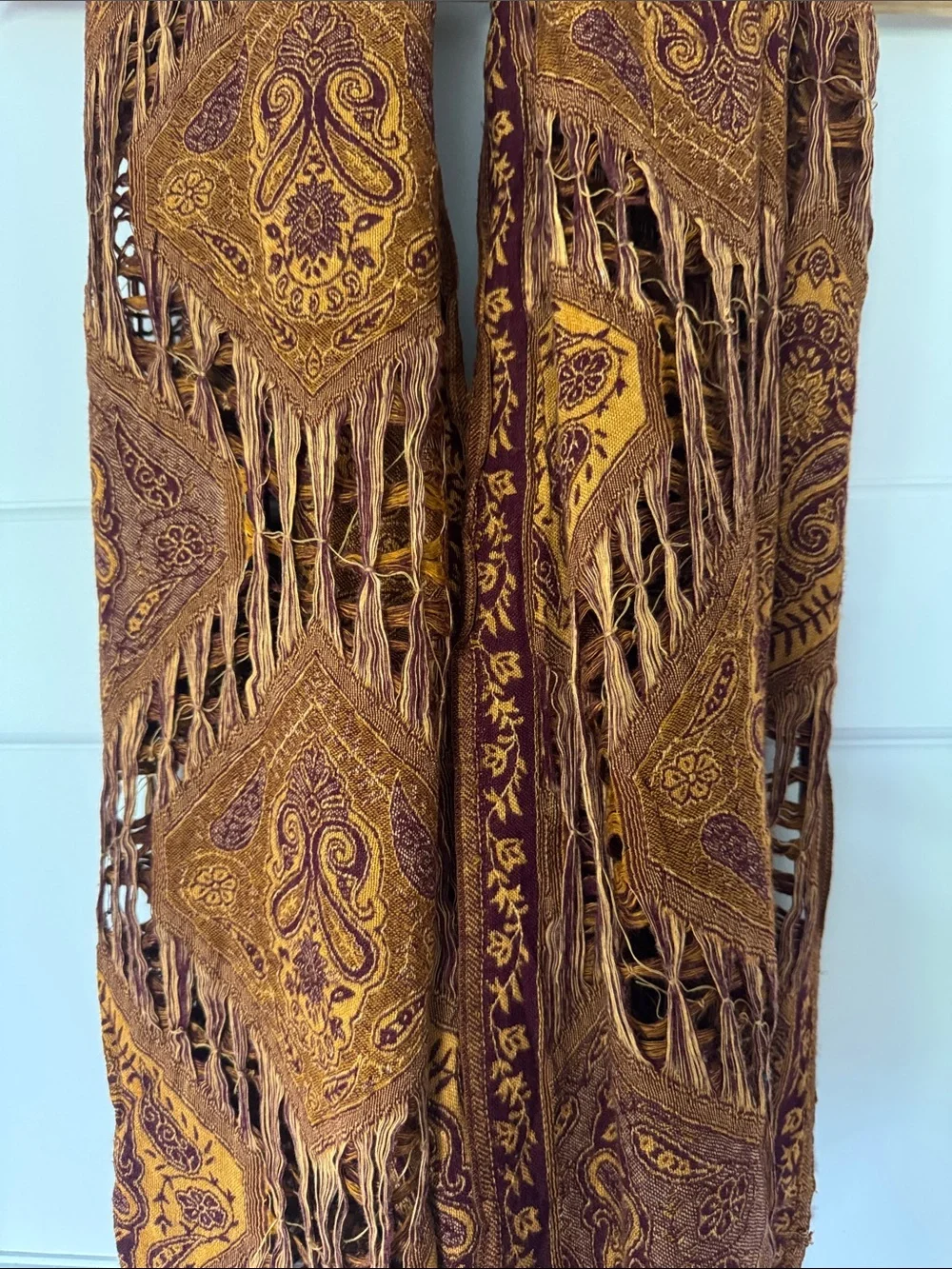 Boho Fringe Paisley Wrap Scarf in Rust and Mustard